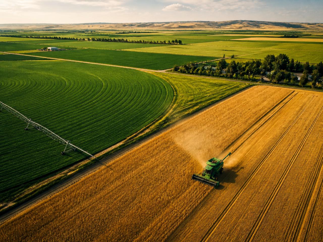 Aerial view of large-scale irrigated farmland at harvest