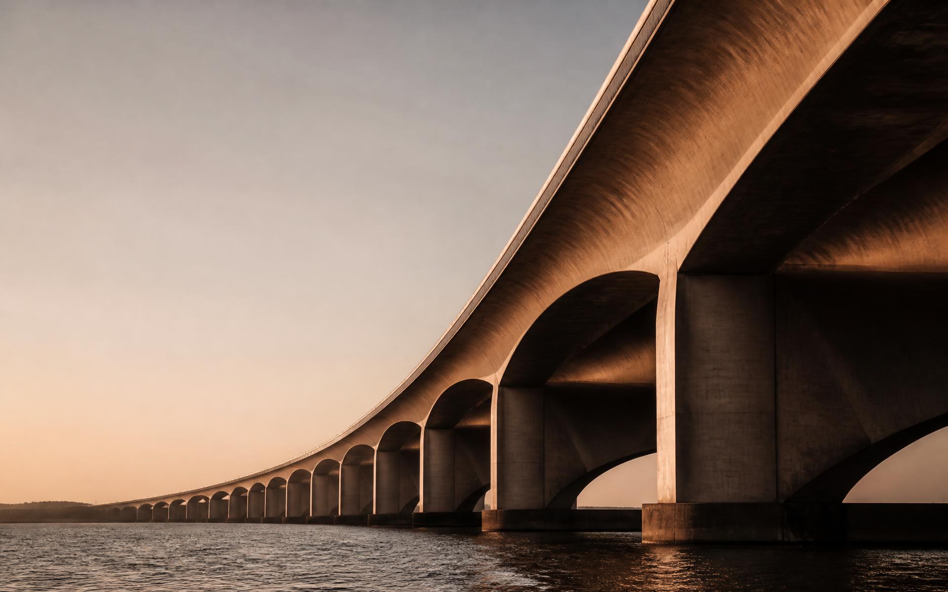 Underside of a monumental curved concrete bridge in warm evening light