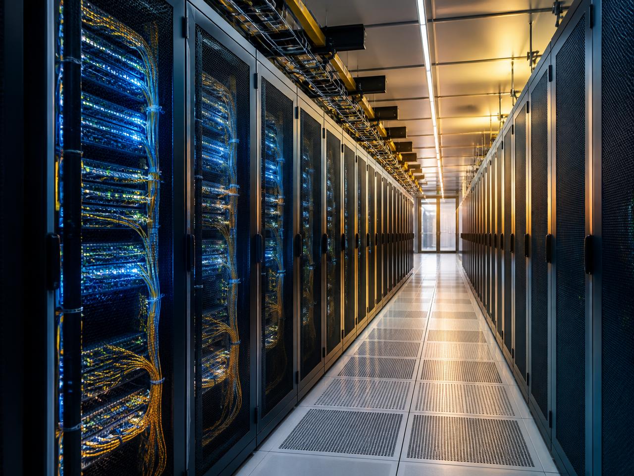 Rows of server racks inside a modern data centre